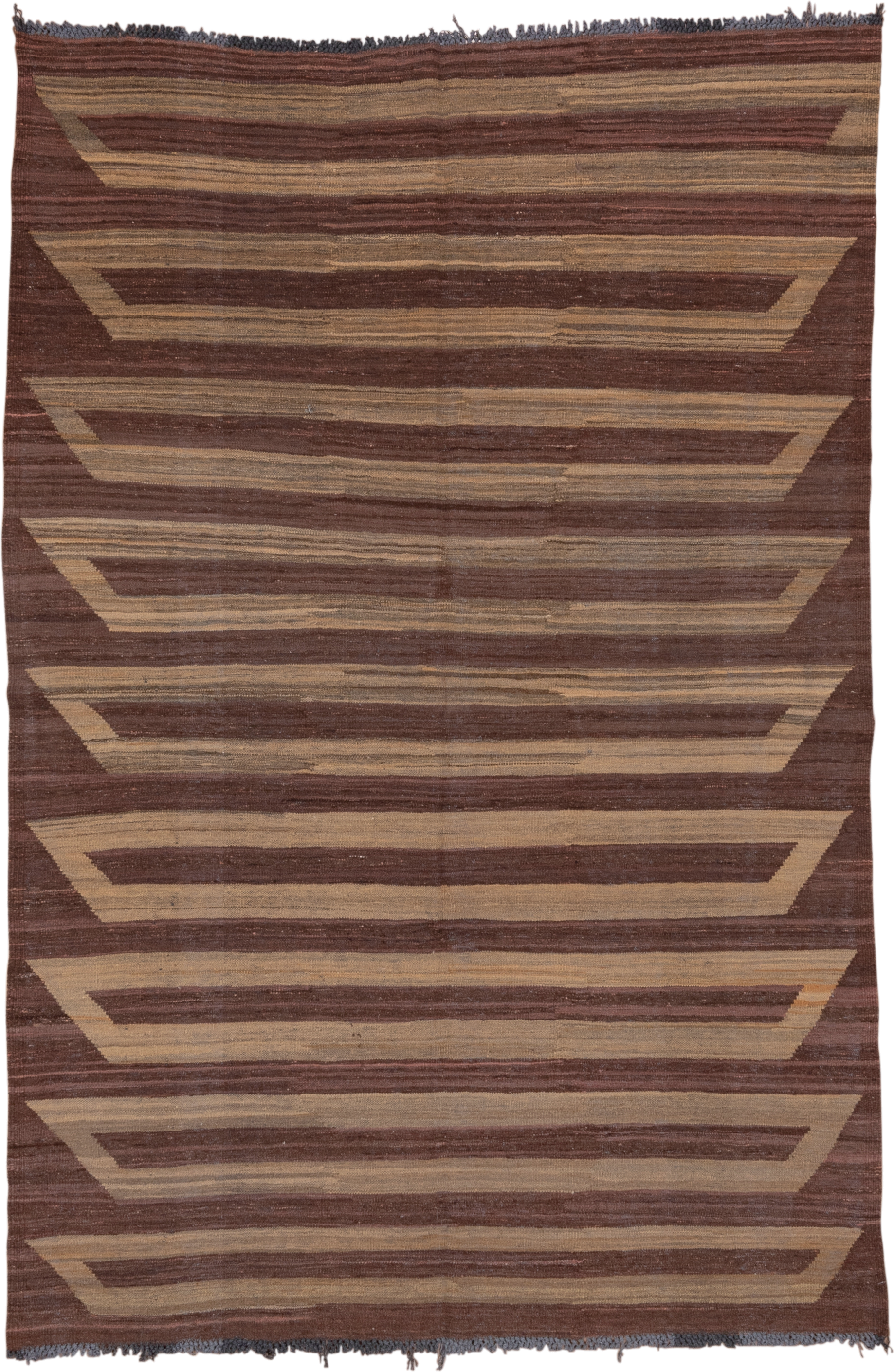 5' x 8' one-of-a-kind handmade vintage Kilim medium size rug. Color palette: brown, camel, taupe, mahogany, charcoal, beige