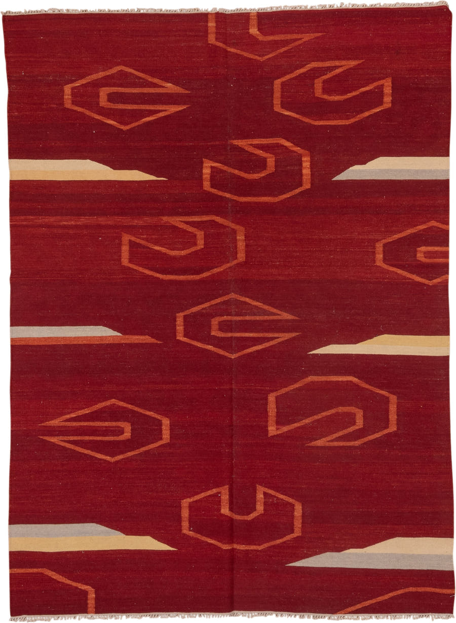 5' x 8' one-of-a-kind handmade vintage Kilim medium size rug. Color palette: rust, terra cotta, ivory, camel, taupe