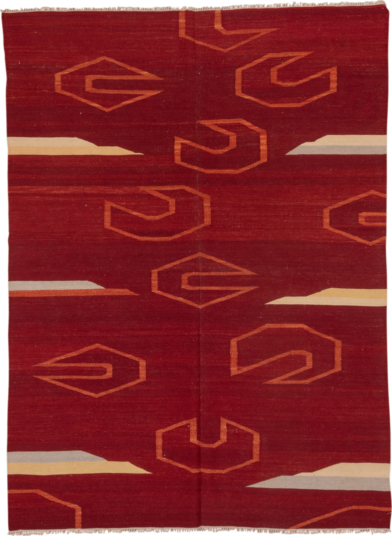 5' x 8' one-of-a-kind handmade vintage Kilim medium size rug. Color palette: rust, terra cotta, ivory, camel, taupe