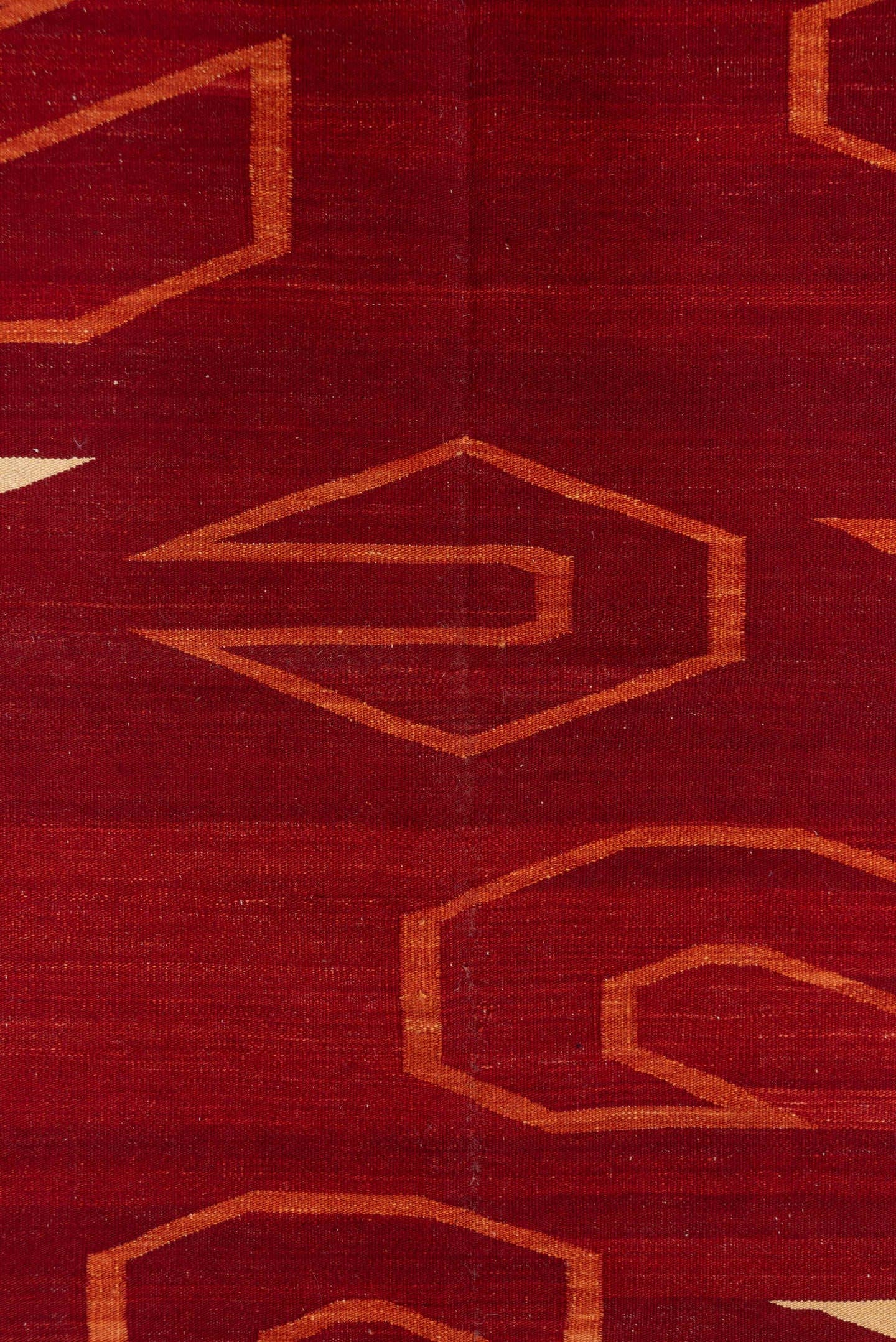5' x 8' one-of-a-kind handmade vintage Kilim medium size rug. Color palette: rust, terra cotta, ivory, camel, taupe