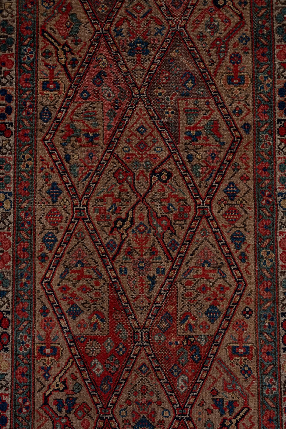 2' x 18' one-of-a-kind handmade antique Cam Hamadan runner rug. Color palette: rust, ivory, indigo, navy, camel, burgundy
