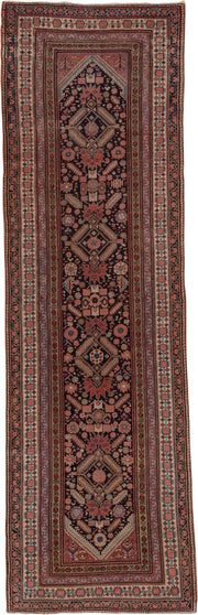 3' x 12' one-of-a-kind handmade antique Malayer runner rug. Color palette: navy, rust, ivory, rose, terracotta, slate, camel