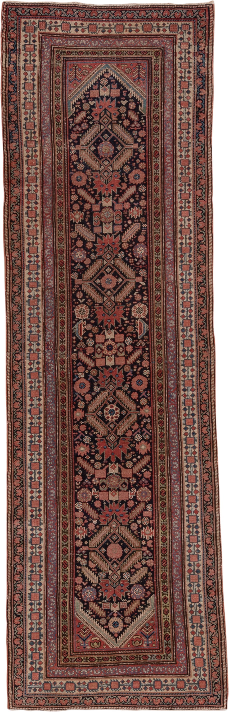 3' x 12' one-of-a-kind handmade antique Malayer runner rug. Color palette: navy, rust, ivory, rose, terracotta, slate, camel