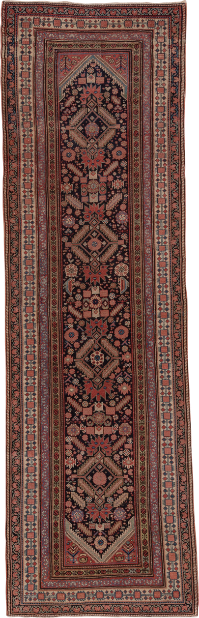 3' x 12' one-of-a-kind handmade antique Malayer runner rug. Color palette: navy, rust, ivory, rose, terracotta, slate, camel