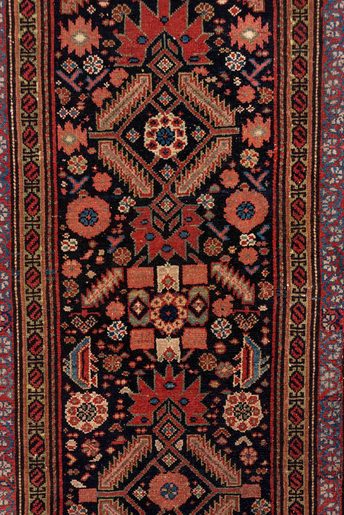 3' x 12' one-of-a-kind handmade antique Malayer runner rug. Color palette: navy, rust, ivory, rose, terracotta, slate, camel