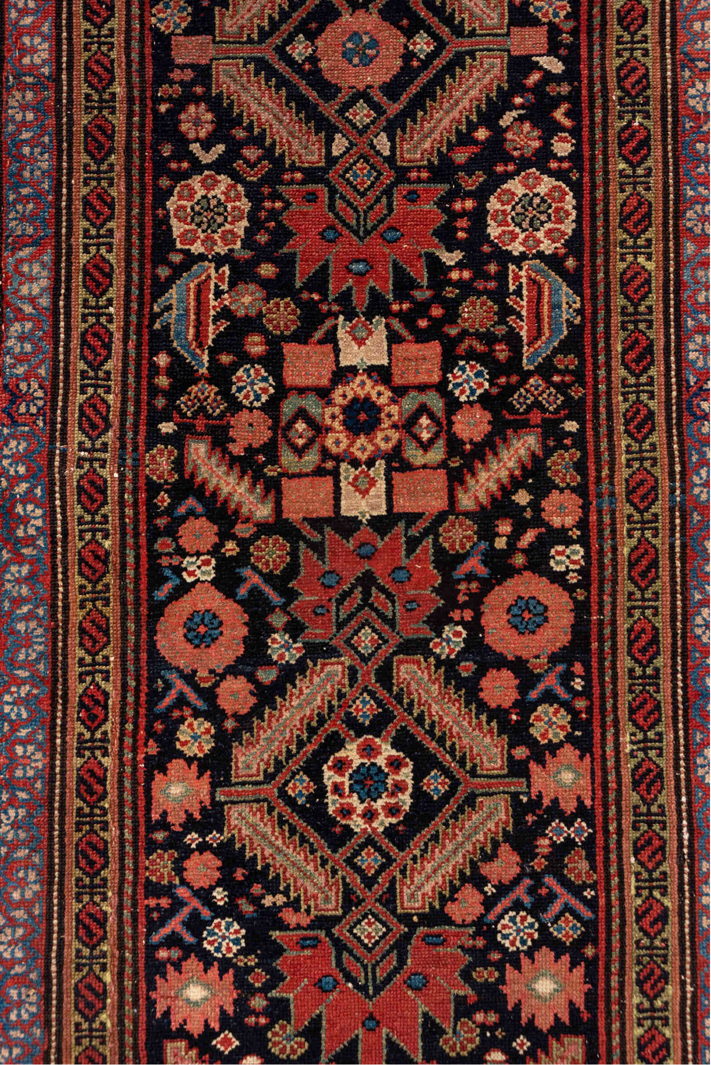 3' x 12' one-of-a-kind handmade antique Malayer runner rug. Color palette: navy, rust, ivory, rose, terracotta, slate, camel