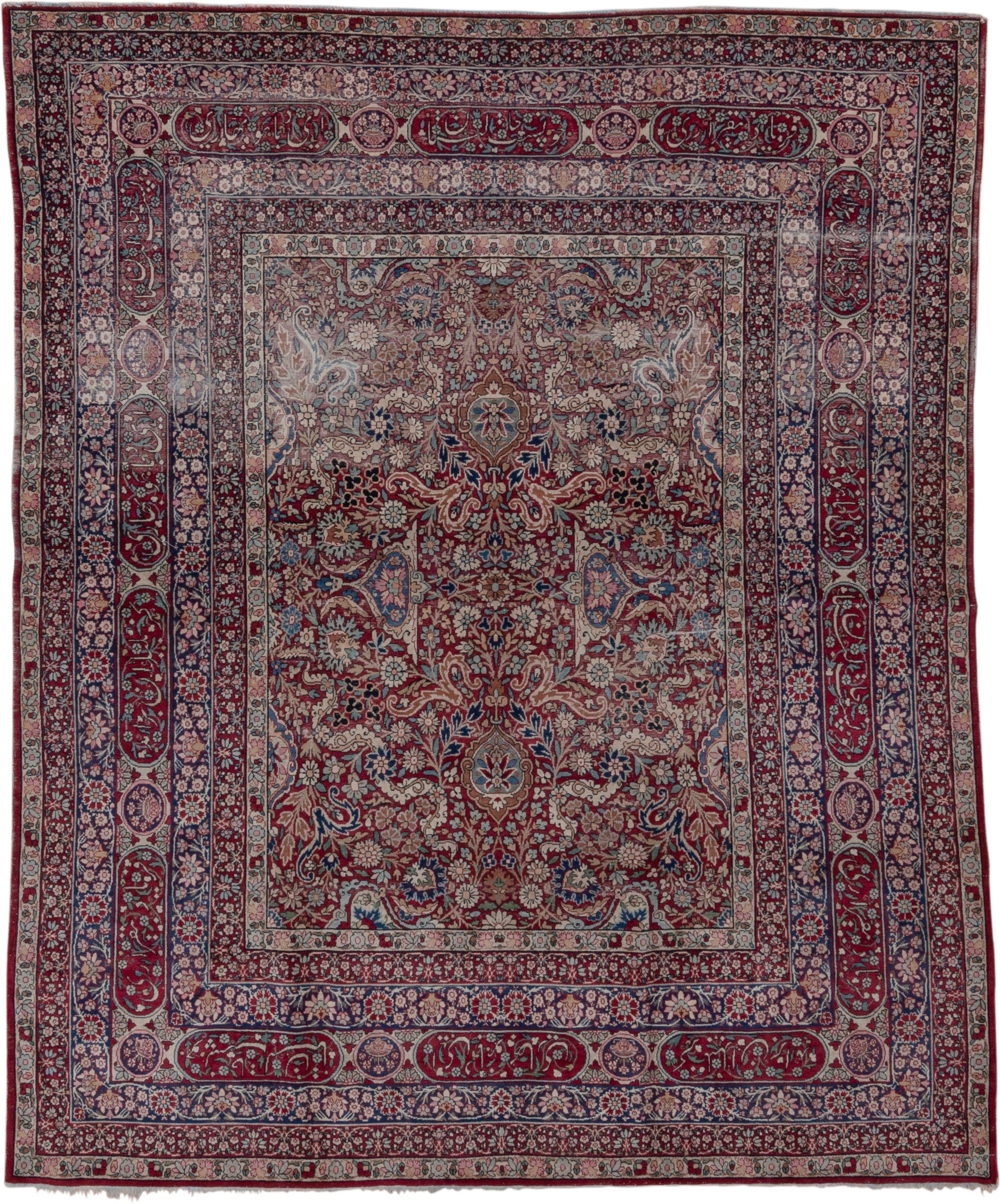 6' x 8' one-of-a-kind handmade antique Lavar medium size rug. Color palette: burgundy, ivory, navy, soft blue, rose, taupe