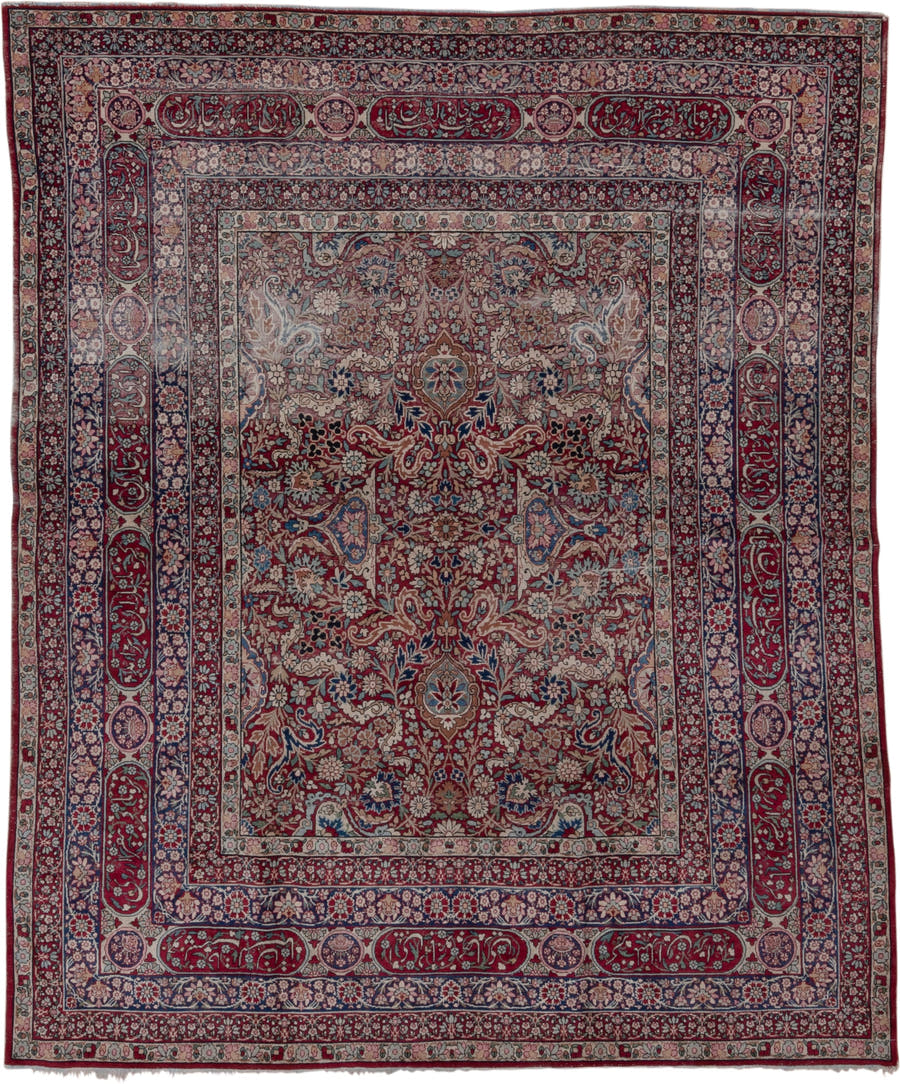 6' x 8' one-of-a-kind handmade antique Lavar medium size rug. Color palette: burgundy, ivory, navy, soft blue, rose, taupe