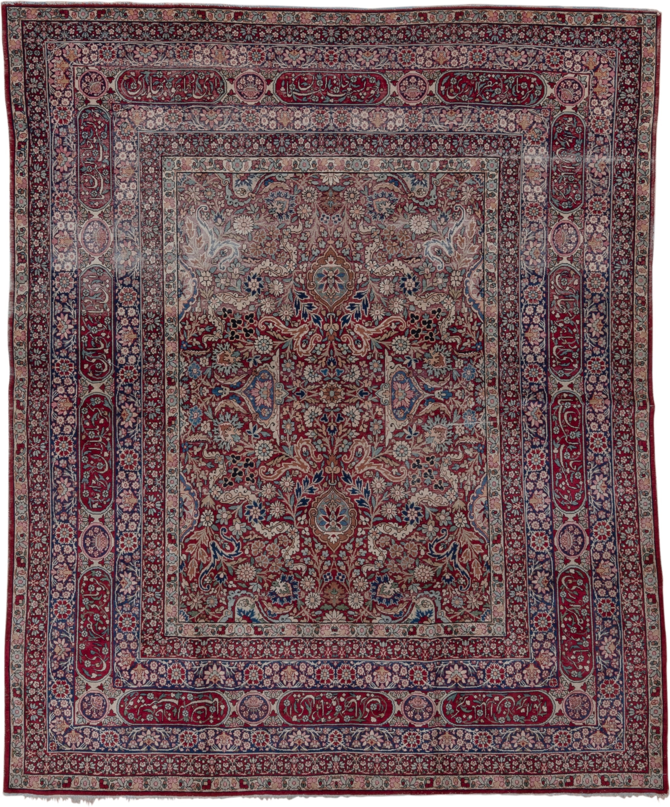 6' x 8' one-of-a-kind handmade antique Lavar medium size rug. Color palette: burgundy, ivory, navy, soft blue, rose, taupe