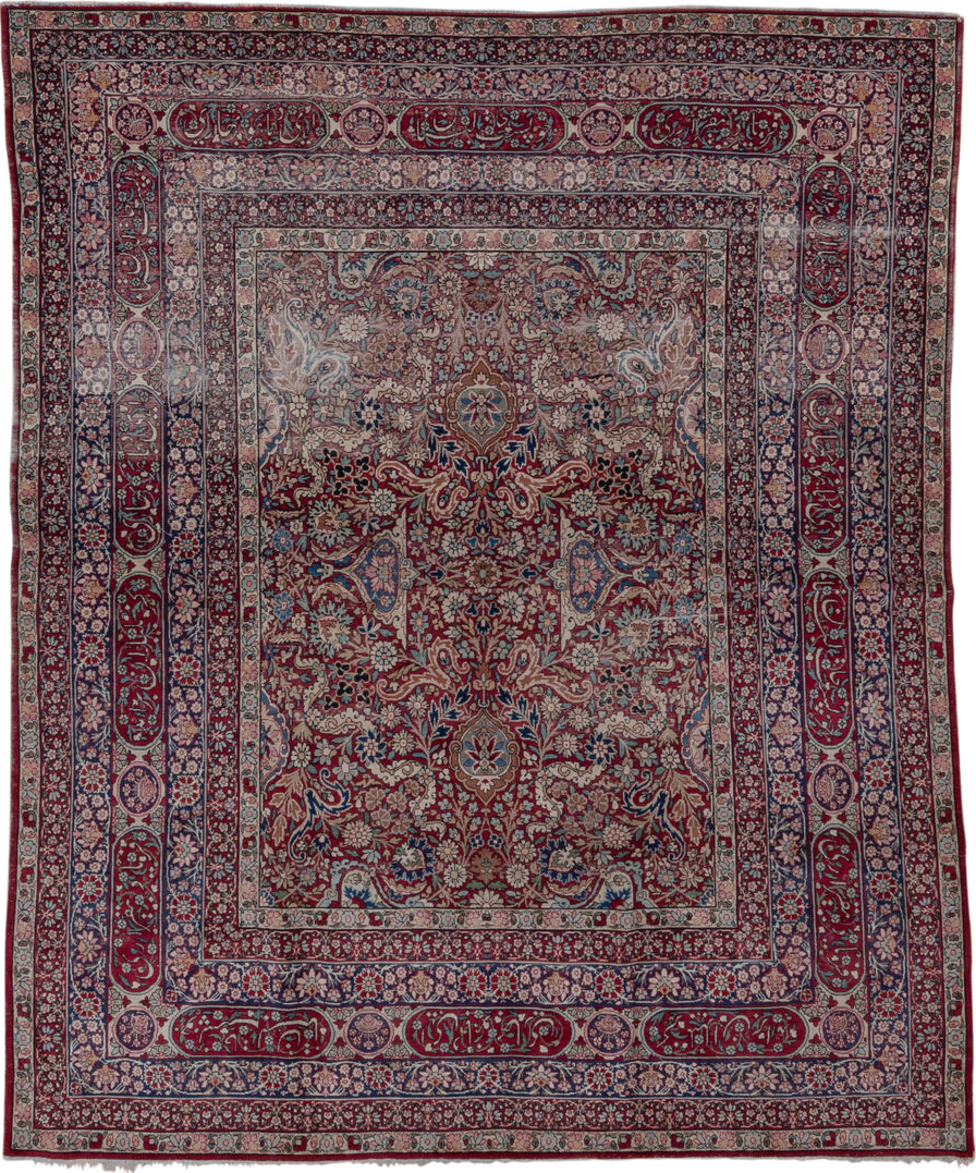 6' x 8' one-of-a-kind handmade antique Lavar medium size rug. Color palette: burgundy, ivory, navy, soft blue, rose, taupe
