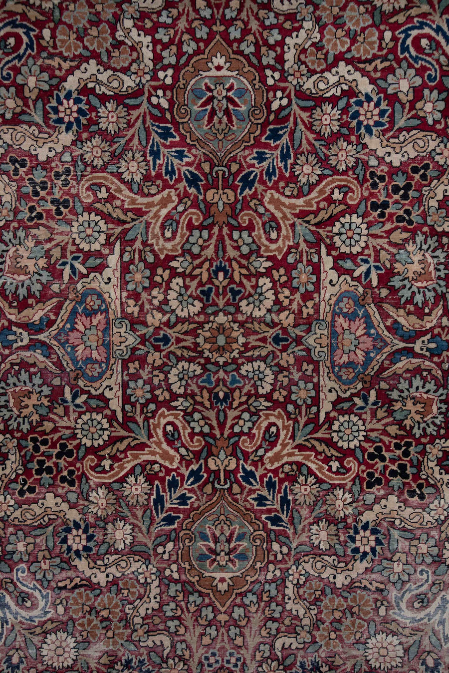 6' x 8' one-of-a-kind handmade antique Lavar medium size rug. Color palette: burgundy, ivory, navy, soft blue, rose, taupe