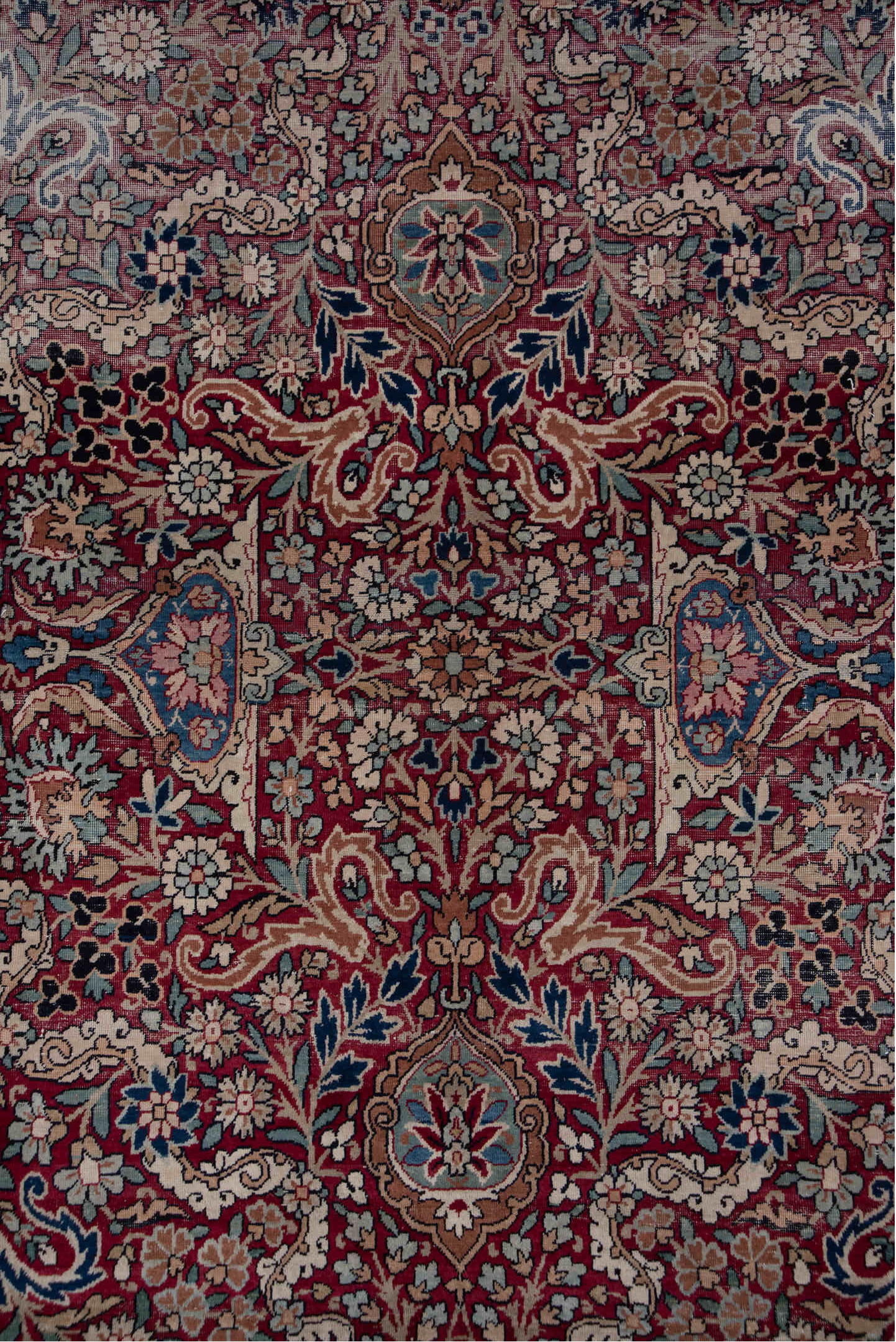 6' x 8' one-of-a-kind handmade antique Lavar medium size rug. Color palette: burgundy, ivory, navy, soft blue, rose, taupe