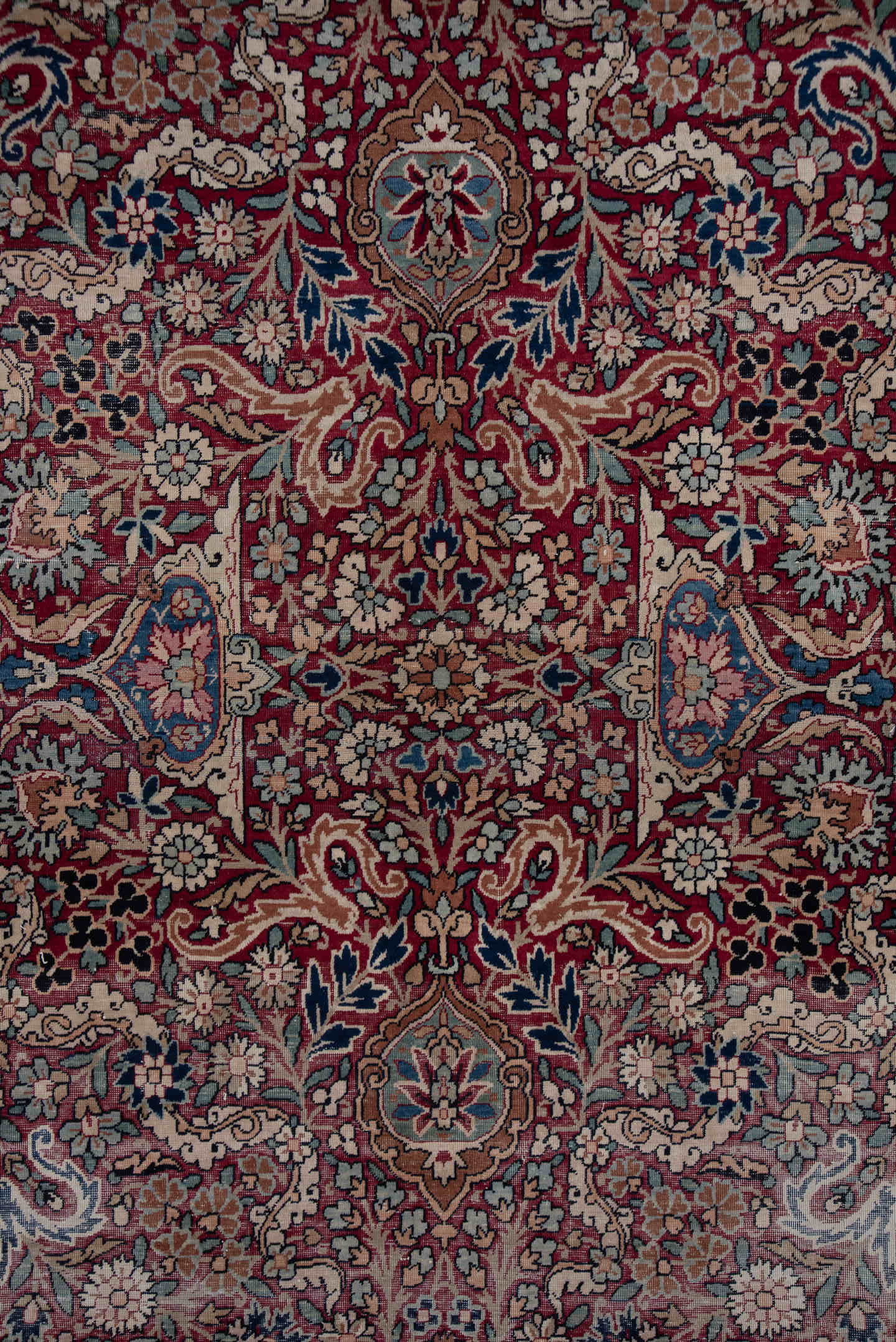 6' x 8' one-of-a-kind handmade antique Lavar medium size rug. Color palette: burgundy, ivory, navy, soft blue, rose, taupe