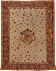 8' x 10' one-of-a-kind handmade antique Oushak large size rug. Color palette: ivory, rust, terra cotta, gold, taupe