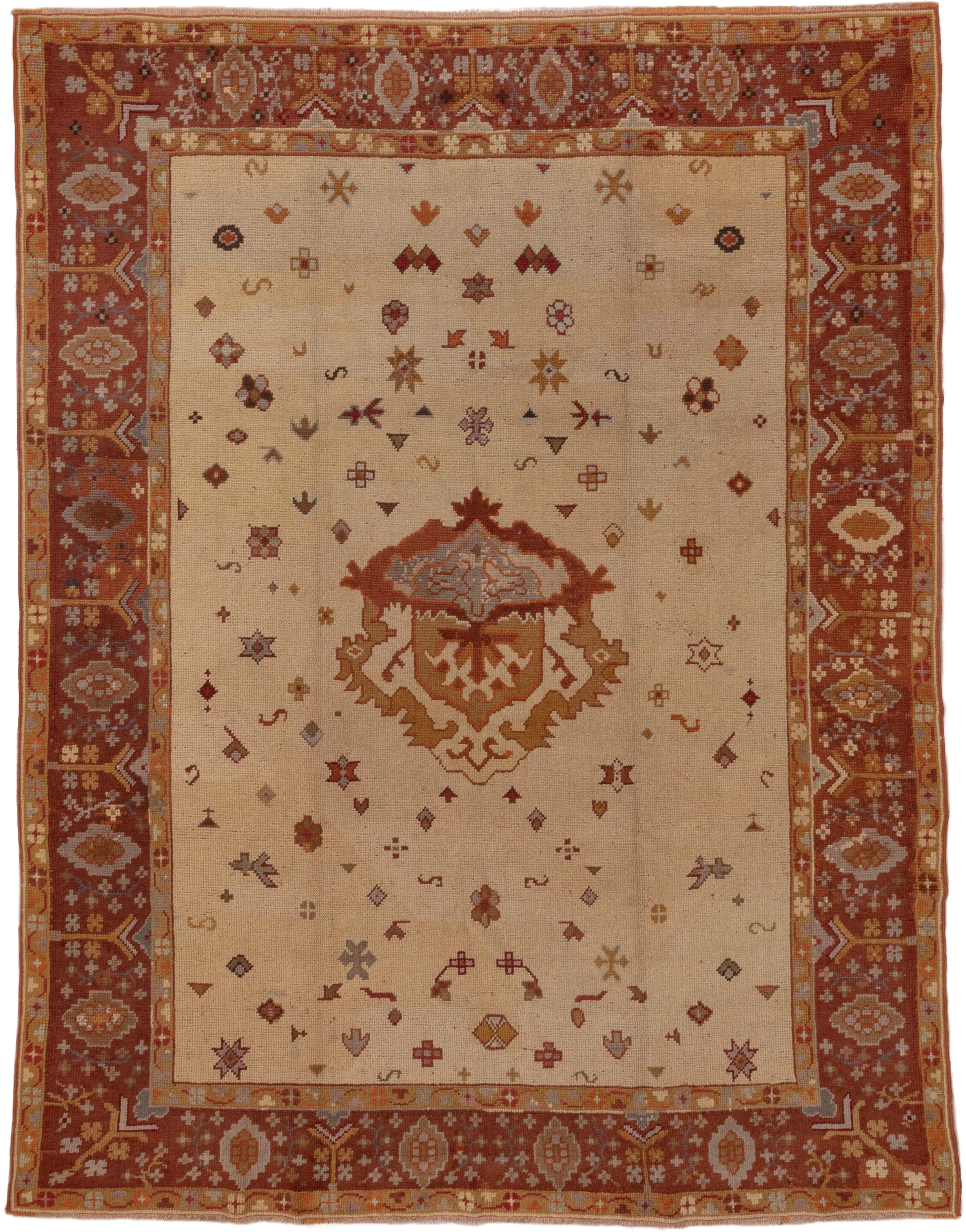 8' x 10' one-of-a-kind handmade antique Oushak large size rug. Color palette: ivory, rust, terra cotta, gold, taupe