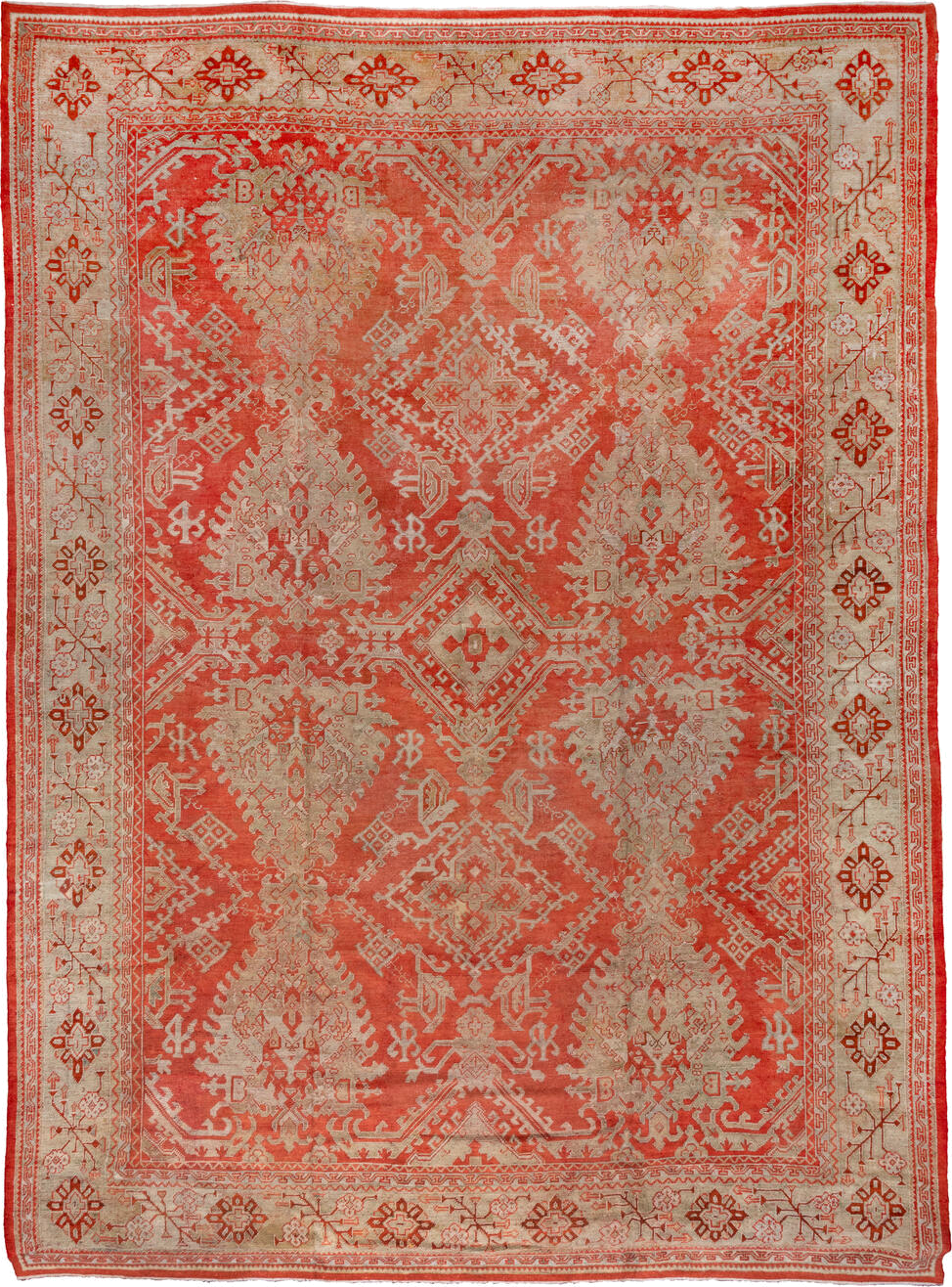 13' x 18' one-of-a-kind handmade antique Oushak oversize rug. Color palette: coral, ivory, terra cotta, salmon, beige