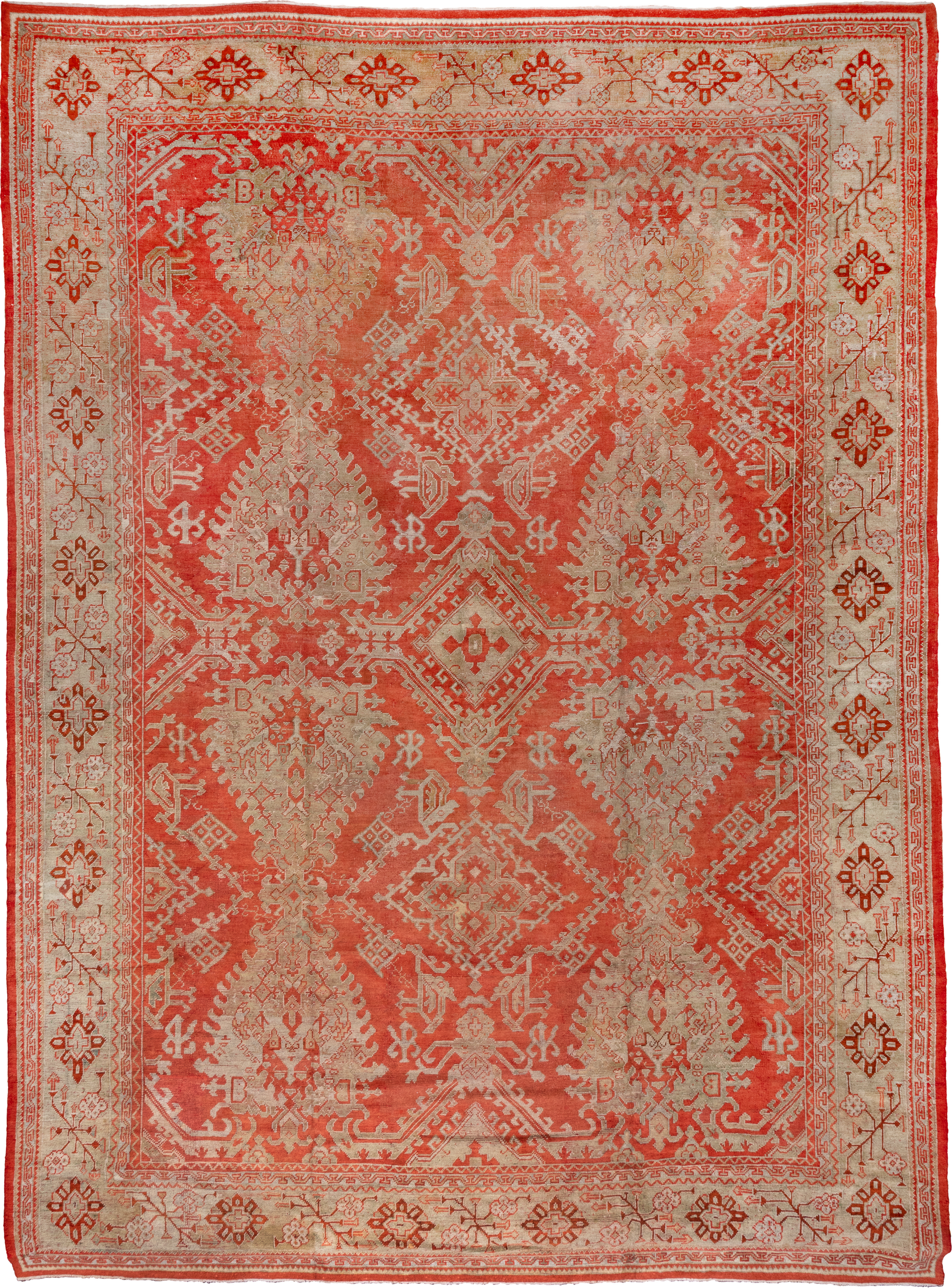 13' x 18' one-of-a-kind handmade antique Oushak oversize rug. Color palette: coral, ivory, terra cotta, salmon, beige