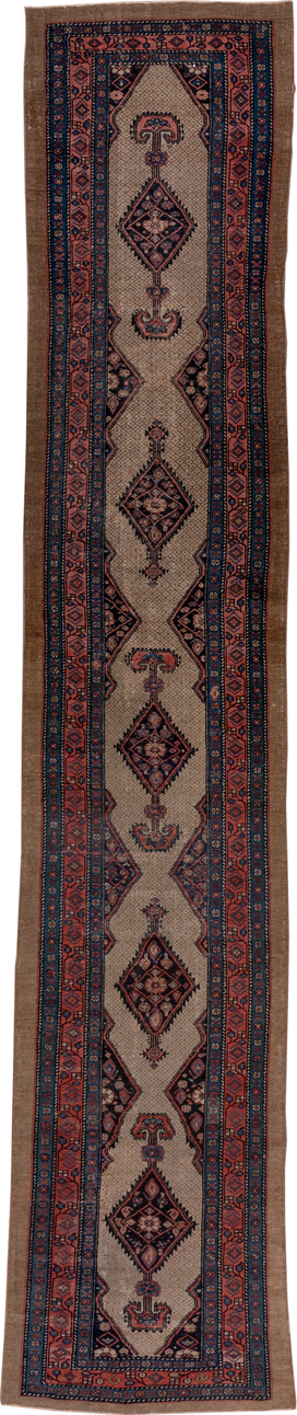 2' x 14' one-of-a-kind handmade antique Cam Hamadan runner rug. Color palette: ivory, indigo, rust, camel, navy, rose