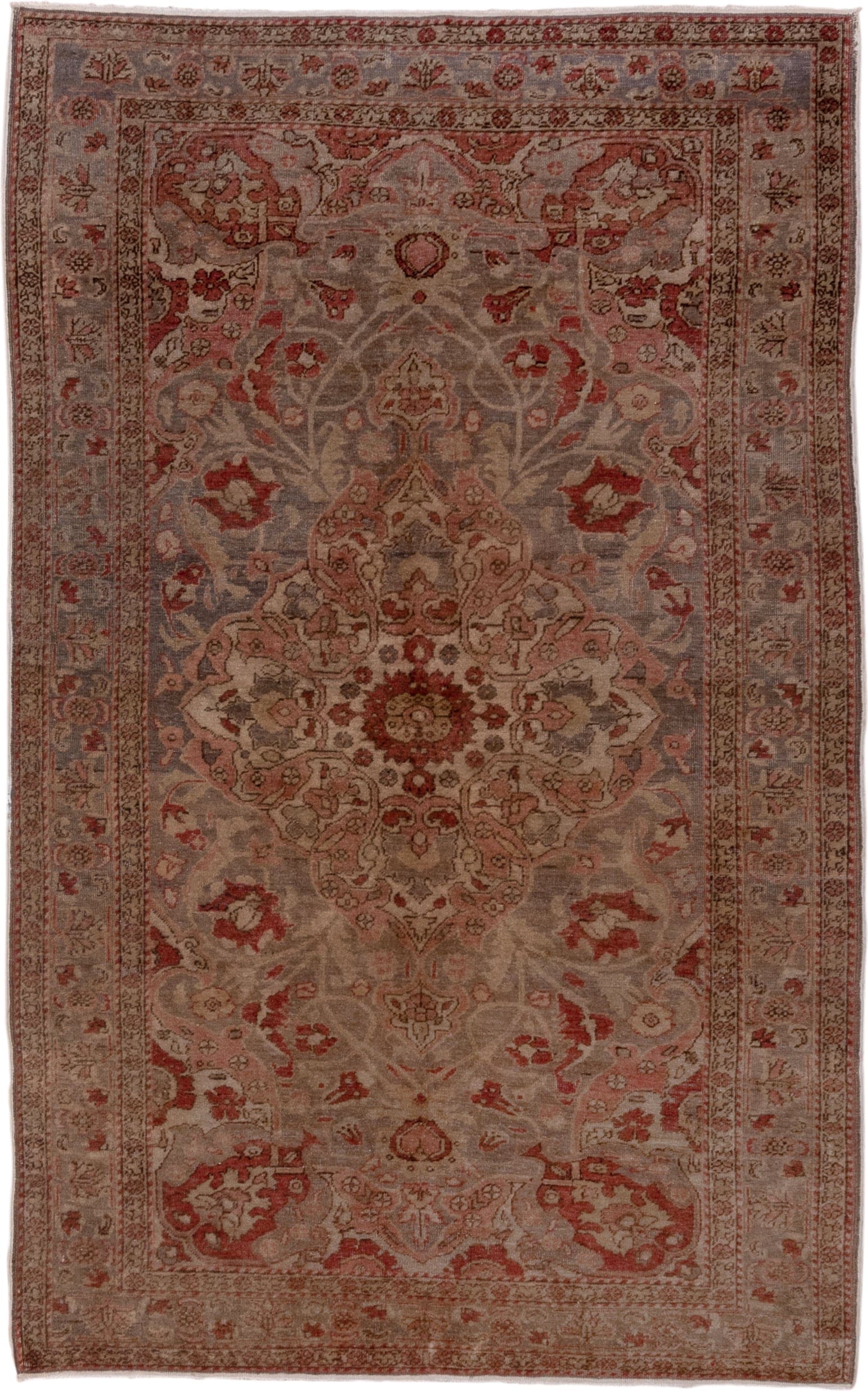 4' x 7' one-of-a-kind handmade antique Oushak rug. Color palette: taupe, rose, rust, ivory, terra cotta, beige, sage, gray
