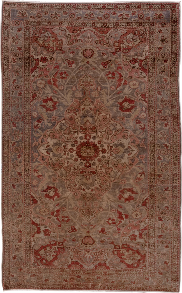 4' x 7' one-of-a-kind handmade antique Oushak rug. Color palette: taupe, rose, rust, ivory, terra cotta, beige, sage, gray