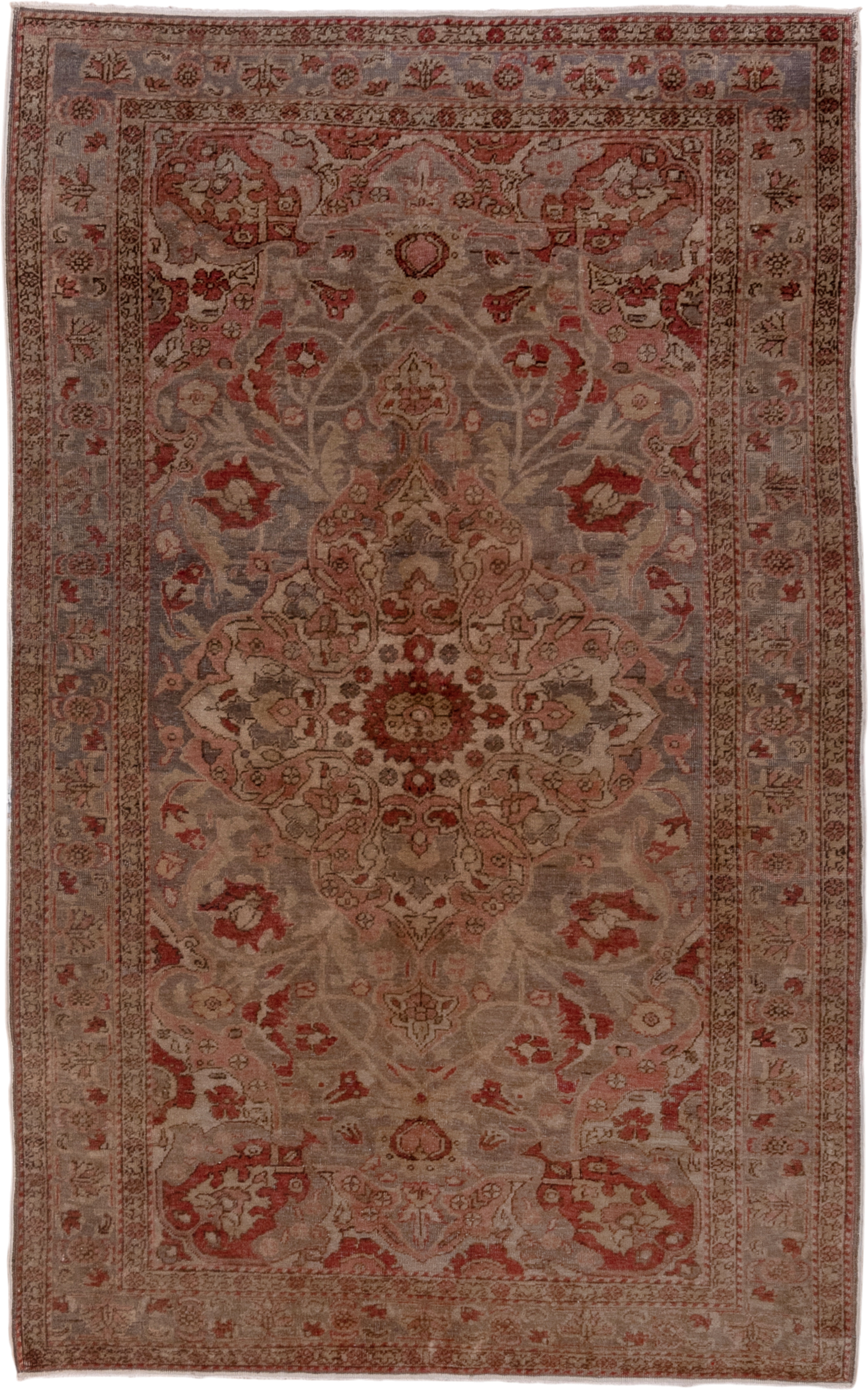 4' x 7' one-of-a-kind handmade antique Oushak rug. Color palette: taupe, rose, rust, ivory, terra cotta, beige, sage, gray