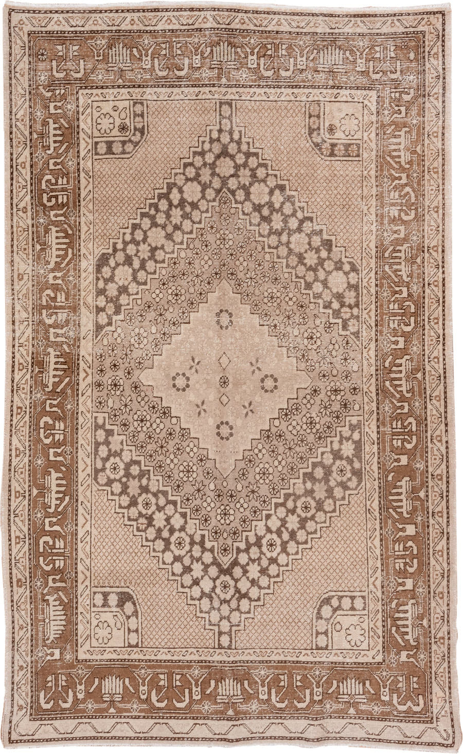 5' x 8' one-of-a-kind handmade antique Khotan medium size rug. Color palette: beige, camel, taupe, ivory, brown, gray