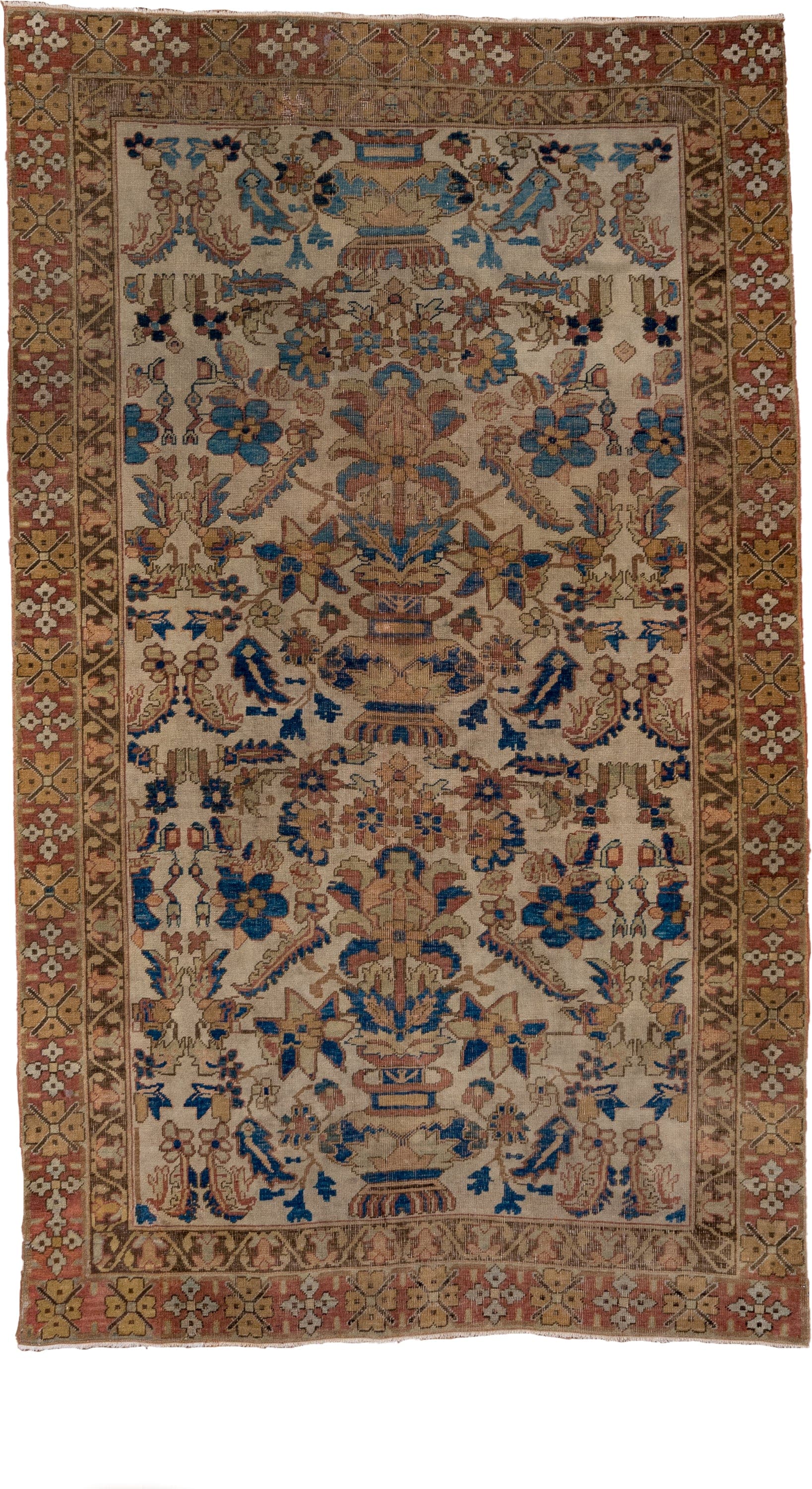 4' x 7' one-of-a-kind handmade antique Afshar rug. Color palette: ivory, rust, gold, cobalt, taupe, rose, camel, olive