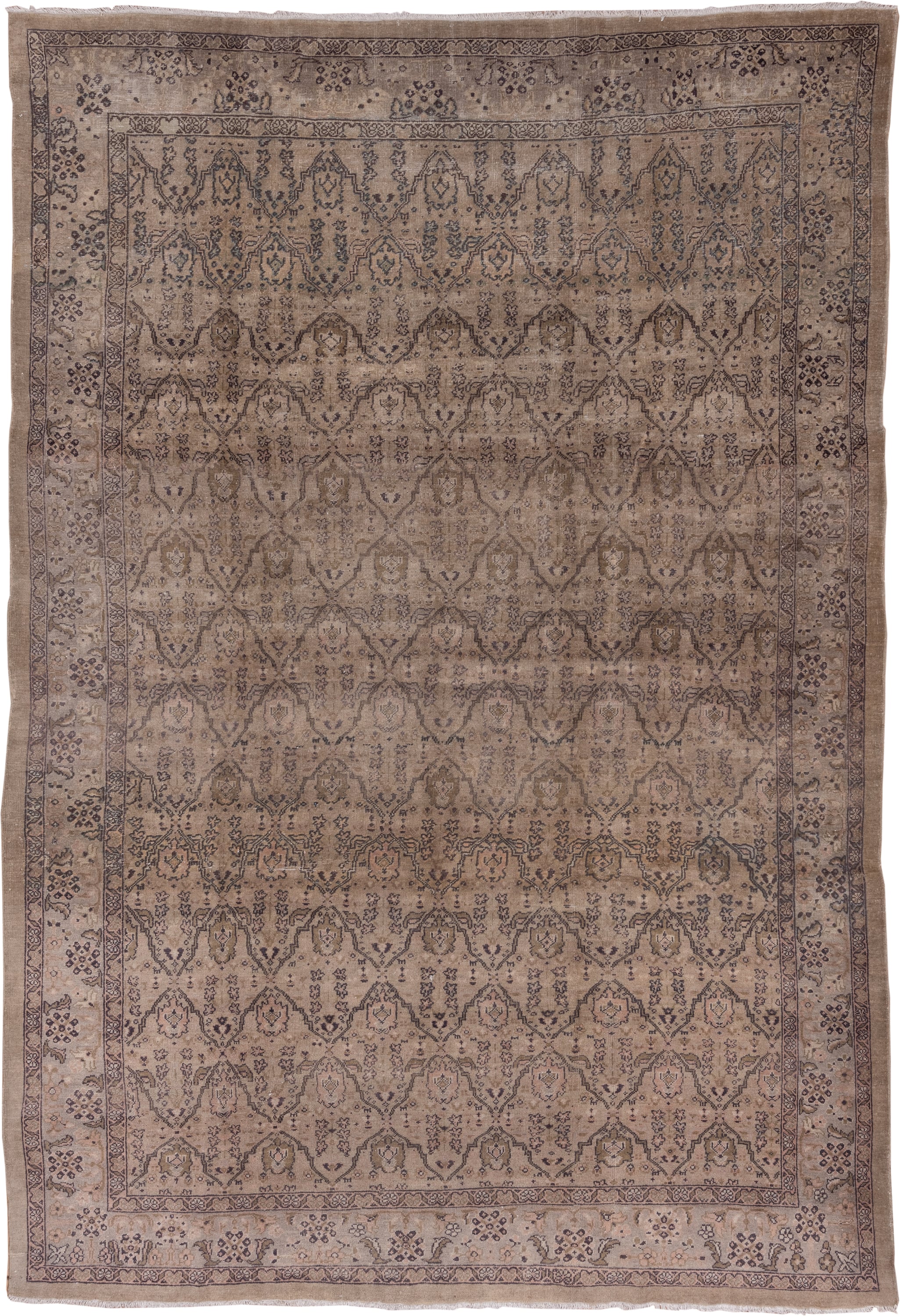 8' x 12' one-of-a-kind handmade antique Sivas large size rug. Color palette: taupe, beige, charcoal, brown, ivory, gray