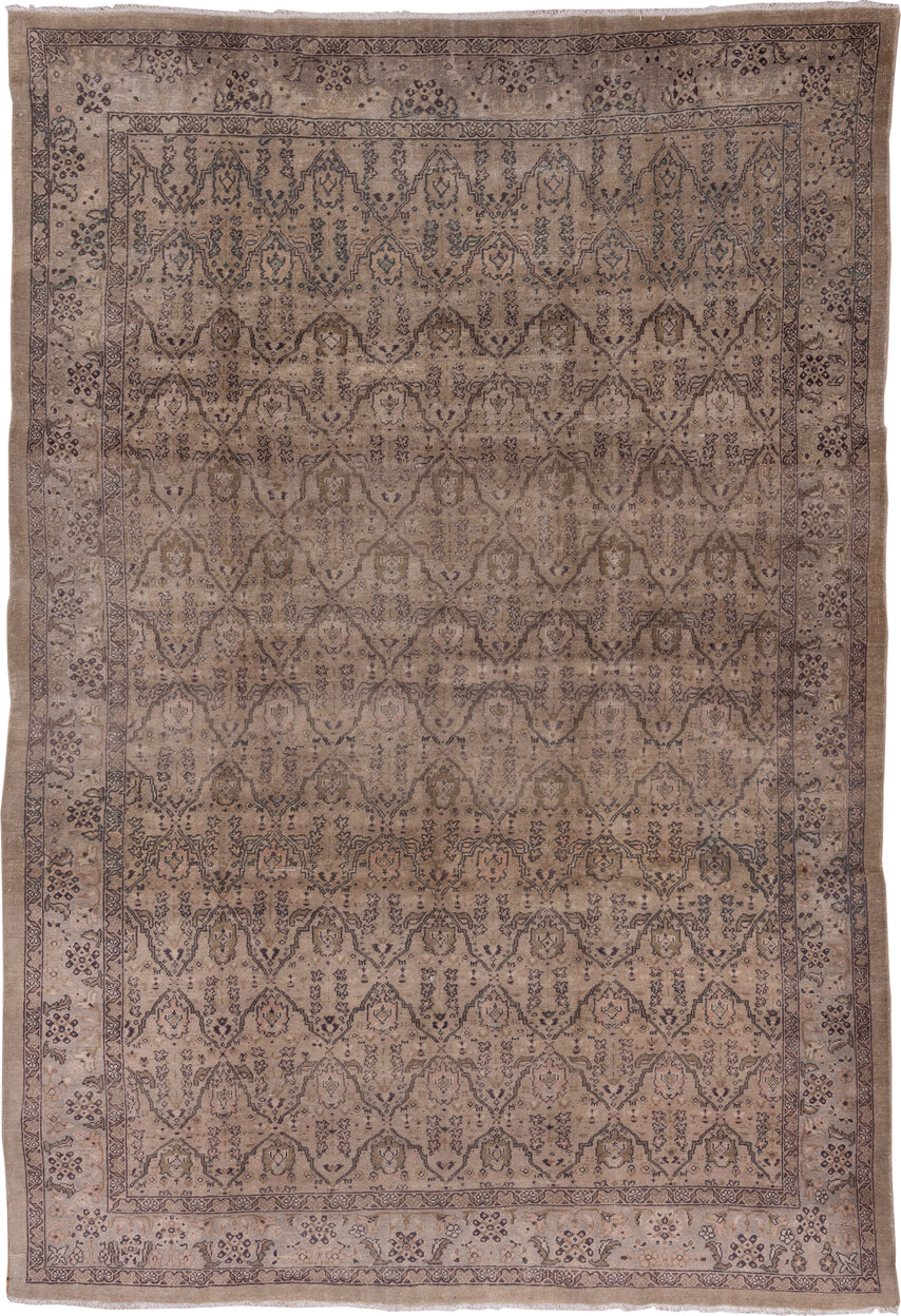 8' x 12' one-of-a-kind handmade antique Sivas large size rug. Color palette: taupe, beige, charcoal, brown, ivory, gray