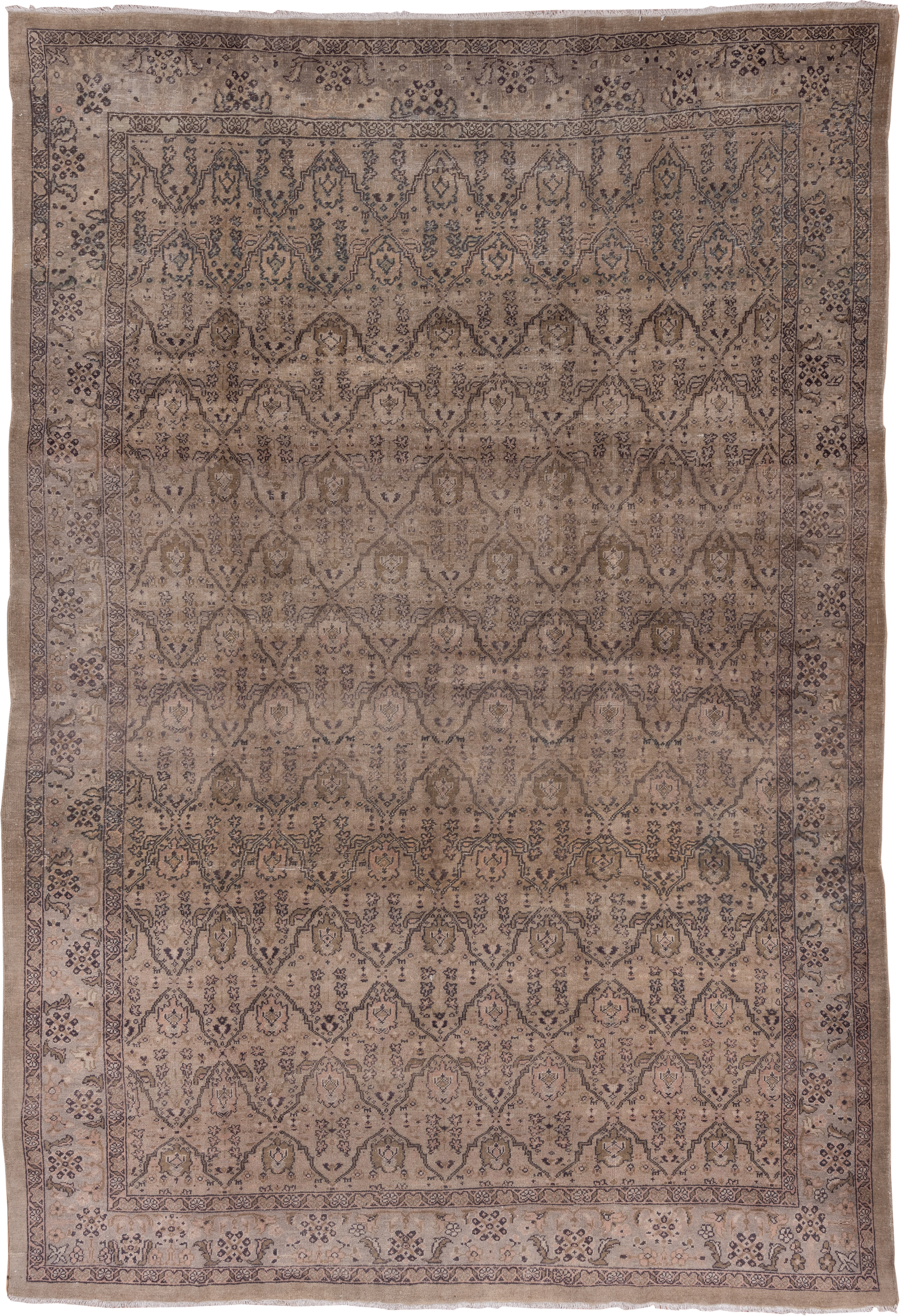 8' x 12' one-of-a-kind handmade antique Sivas large size rug. Color palette: taupe, beige, charcoal, brown, ivory, gray