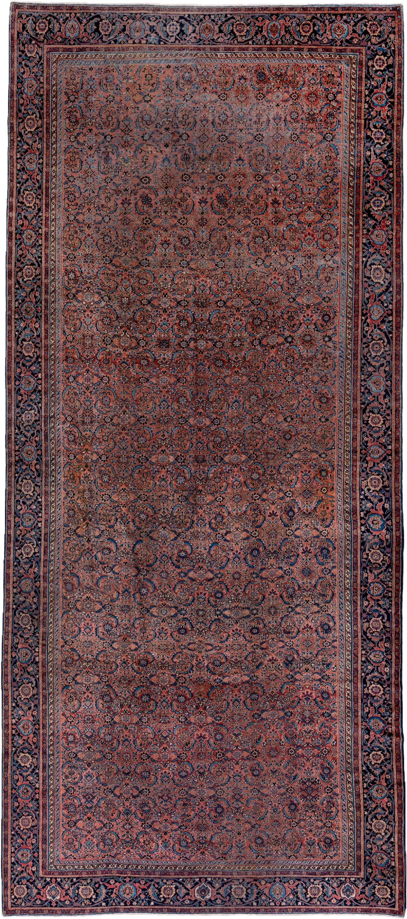 7' x 16' one-of-a-kind handmade antique Karabagh rug. Color palette: rose, navy, terracotta, dusty blue, ivory, rust, slate