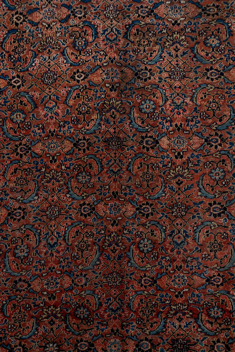 7' x 16' one-of-a-kind handmade antique Karabagh rug. Color palette: rose, navy, terracotta, dusty blue, ivory, rust, slate