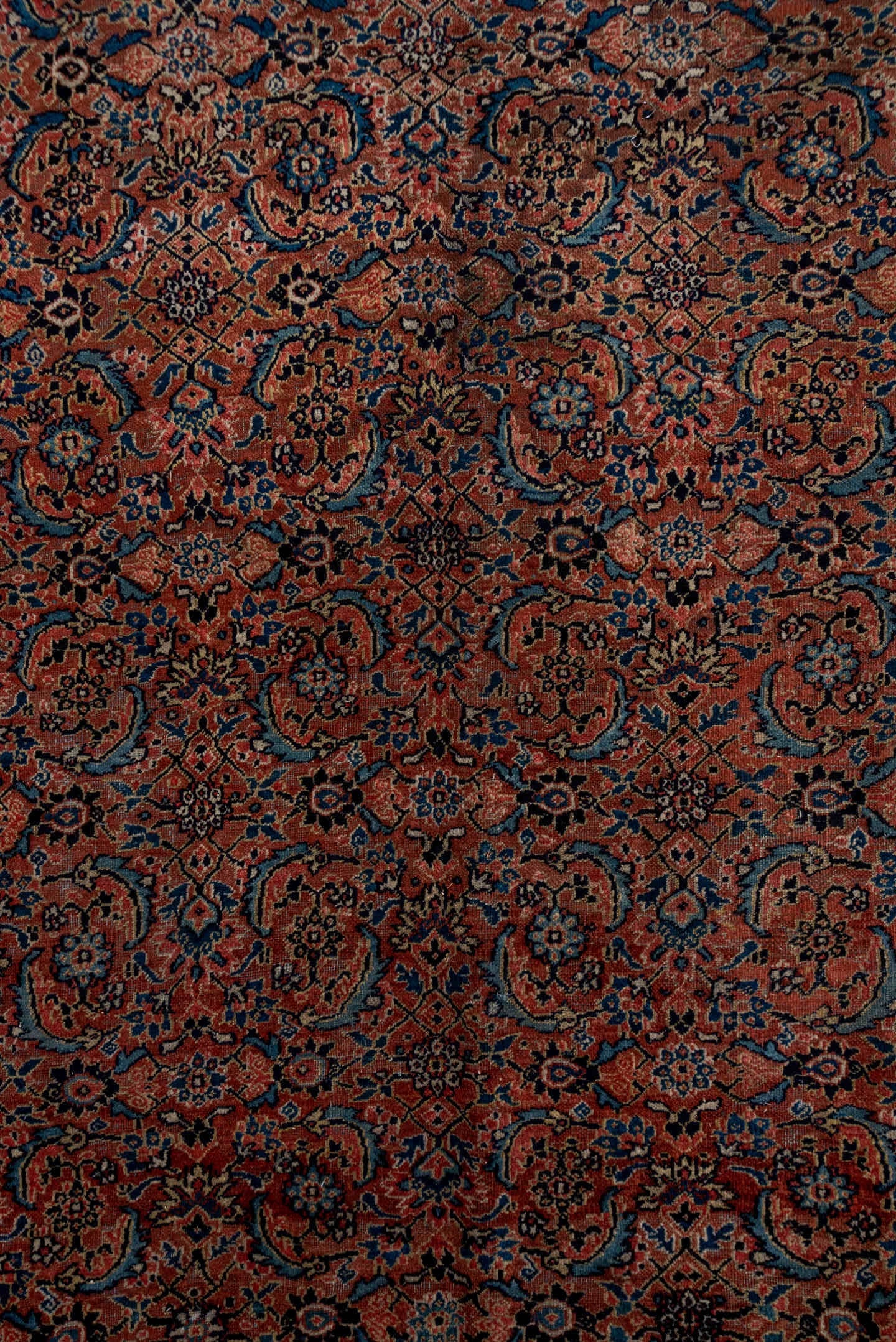 7' x 16' one-of-a-kind handmade antique Karabagh rug. Color palette: rose, navy, terracotta, dusty blue, ivory, rust, slate