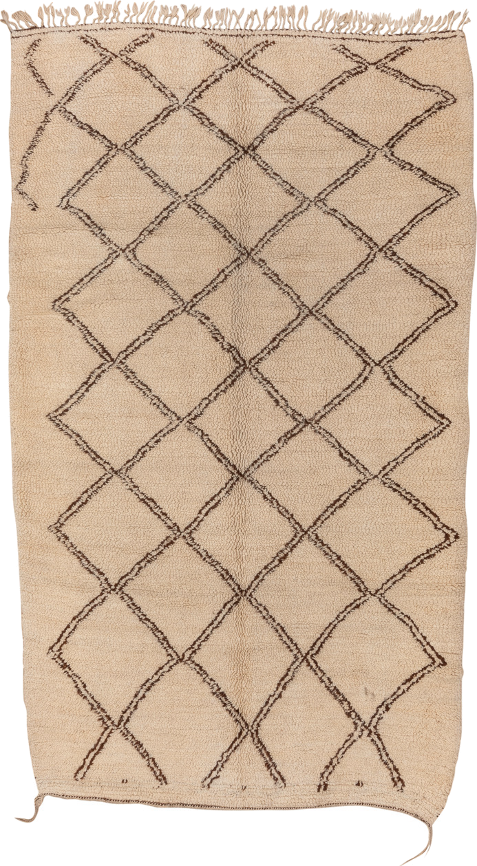 6' x 10' one-of-a-kind handmade antique Moroccan large size rug. Color palette: ivory, brown, camel, beige