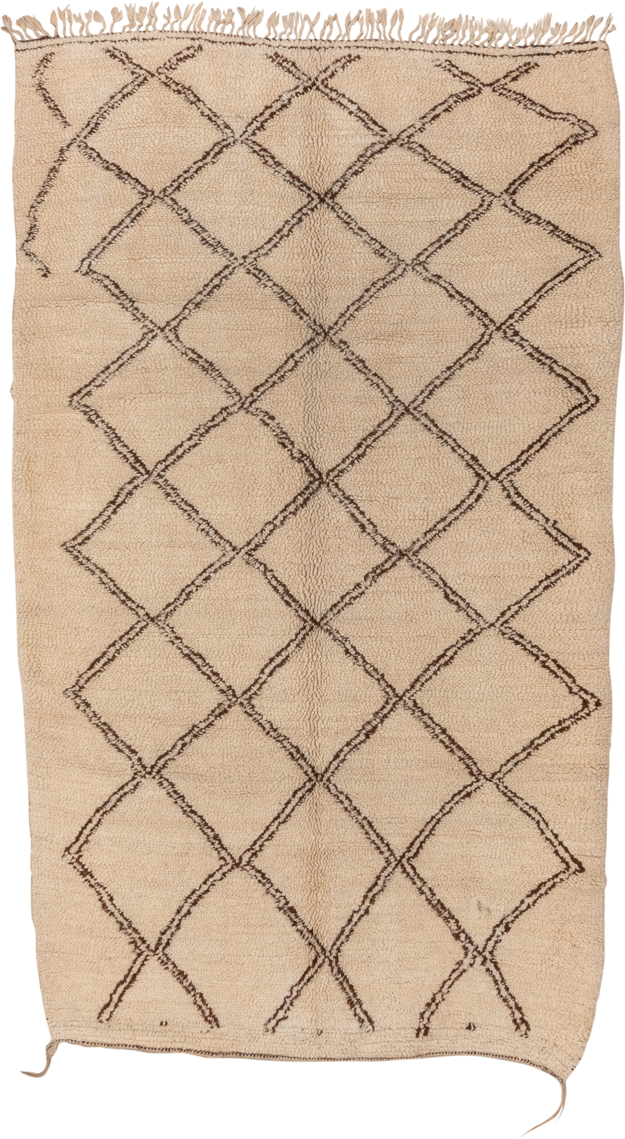 6' x 10' one-of-a-kind handmade antique Moroccan large size rug. Color palette: ivory, brown, camel, beige