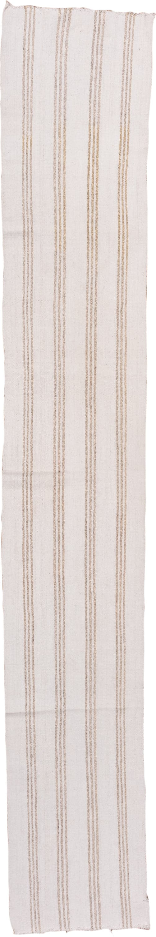 2' x 14' one-of-a-kind handmade vintage Flatweave runner rug. Color palette: ivory, tan, beige