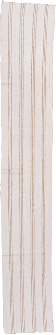 2' x 14' one-of-a-kind handmade vintage Flatweave runner rug. Color palette: ivory, tan, beige