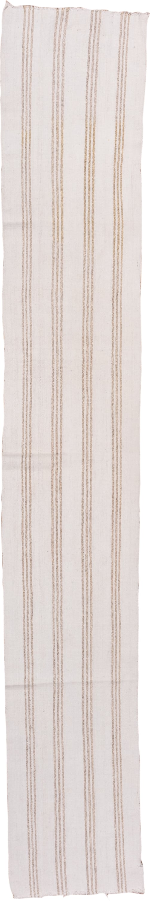 2' x 14' one-of-a-kind handmade vintage Flatweave runner rug. Color palette: ivory, tan, beige
