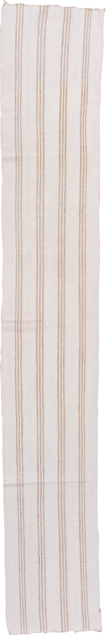 2' x 14' one-of-a-kind handmade vintage Flatweave runner rug. Color palette: ivory, tan, beige