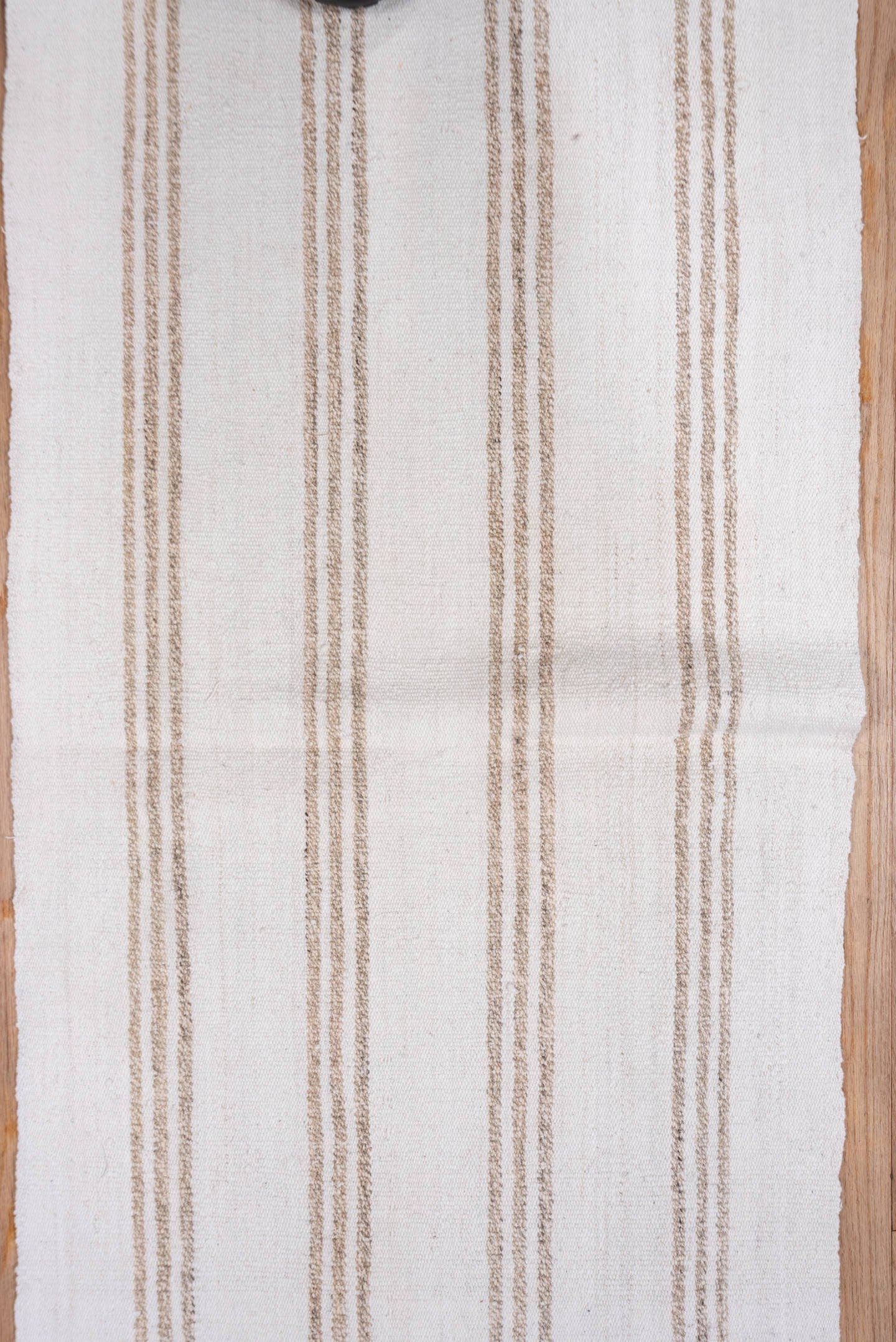 2' x 14' one-of-a-kind handmade vintage Flatweave runner rug. Color palette: ivory, tan, beige