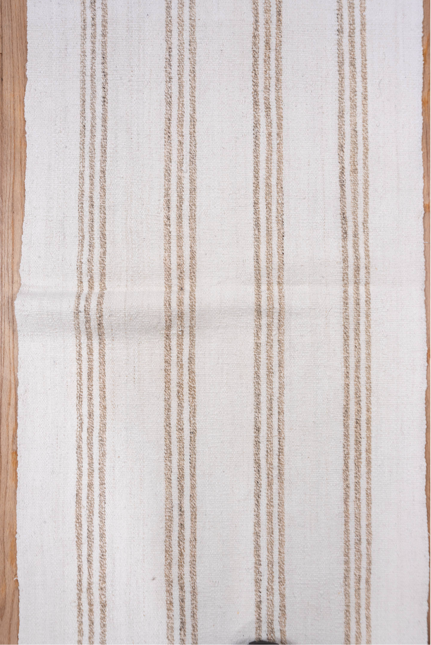 2' x 14' one-of-a-kind handmade vintage Flatweave runner rug. Color palette: ivory, tan, beige
