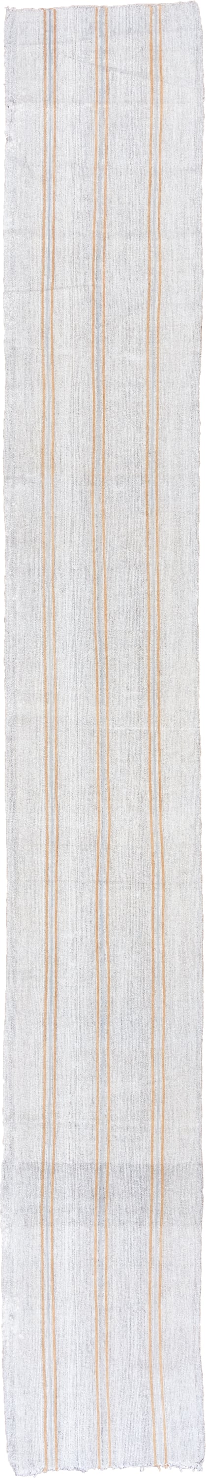 2' x 17' one-of-a-kind handmade antique Flatweave runner rug. Color palette: ivory, cream, saffron, beige, gold, terracotta