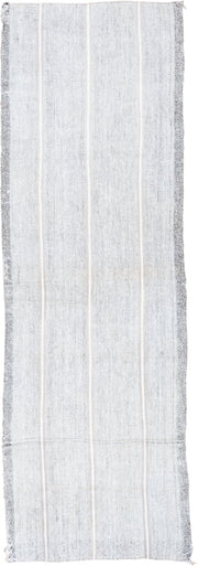 2' x 7' one-of-a-kind handmade antique Flatweave runner rug. Color palette: ivory, light gray, silver, cream, gray