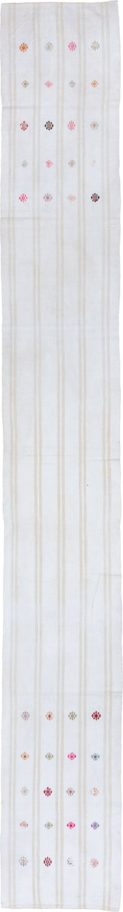 2' x 16' one-of-a-kind handmade antique Flatweave runner rug. Color palette: ivory, cream, rose, rust, gold, taupe, sky blue