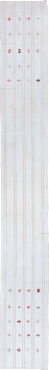 2' x 16' one-of-a-kind handmade antique Flatweave runner rug. Color palette: ivory, cream, rose, rust, gold, taupe, sky blue