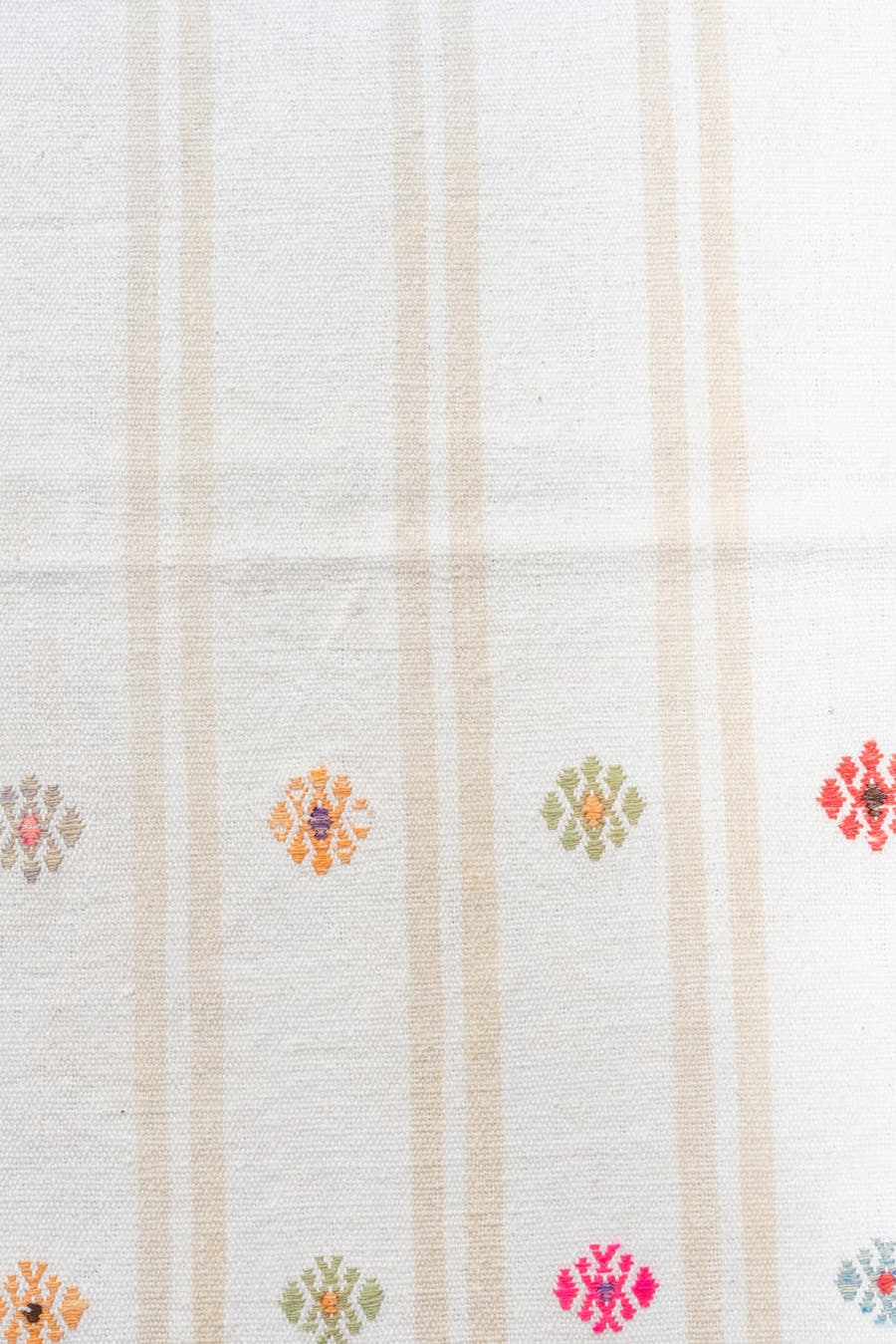 2' x 16' one-of-a-kind handmade antique Flatweave runner rug. Color palette: ivory, cream, rose, rust, gold, taupe, sky blue