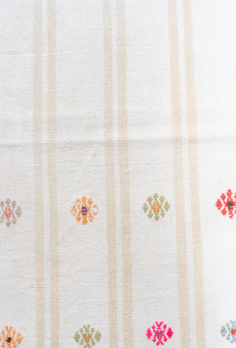 2' x 16' one-of-a-kind handmade antique Flatweave runner rug. Color palette: ivory, cream, rose, rust, gold, taupe, sky blue