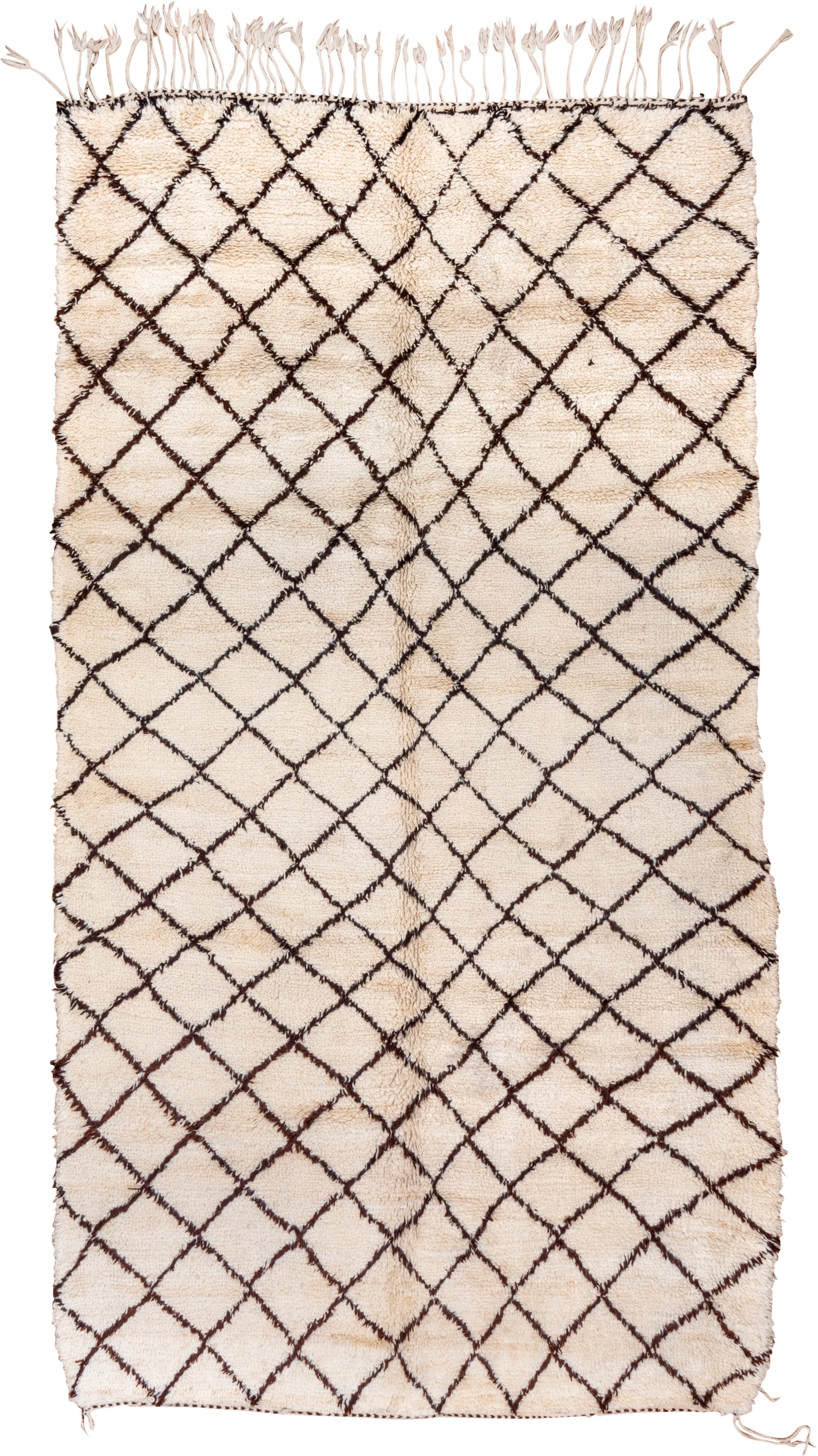 7' x 13' one-of-a-kind handmade vintage Moroccan large size rug. Color palette: ivory, brown, cream, charcoal, gray, black
