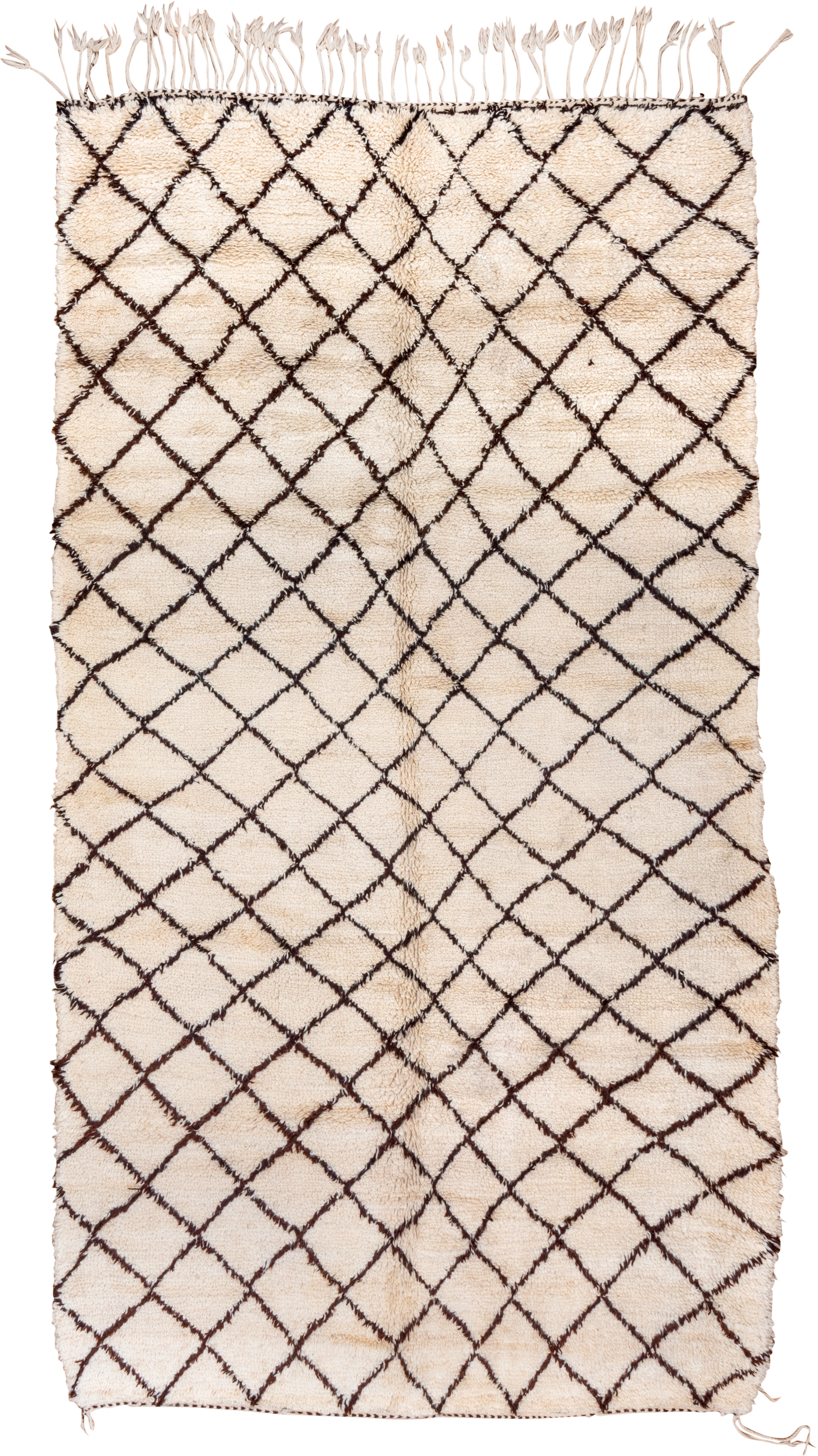 7' x 13' one-of-a-kind handmade vintage Moroccan large size rug. Color palette: ivory, brown, cream, charcoal, gray, black