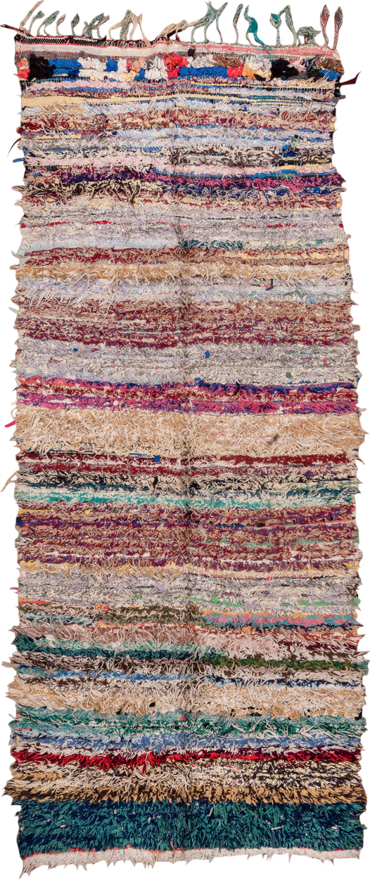 4' x 10' one-of-a-kind handmade vintage Rag Rug runner rug. Color palette: ivory, burgundy, teal, tan, blue, cream, red